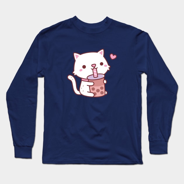 Cute White Cat Loves Drinking Boba Tea Long Sleeve T-Shirt by rustydoodle